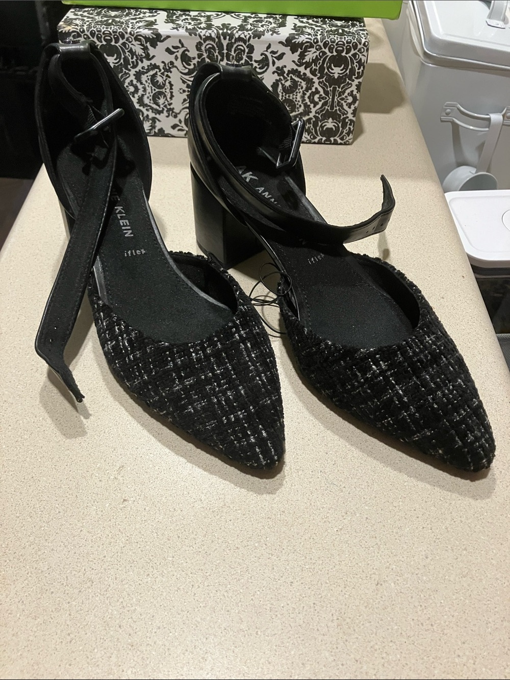 Anne Klein Black Tweed Pointed Toe Ankle-Strap Block Heels